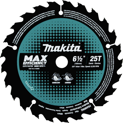 Circular Saw Blades | Makita B-62963 6-1/2 in. 25T Carbide-Tipped Max Efficiency Framing Circular Saw Blade image number 0