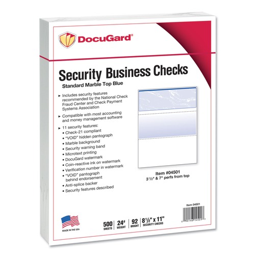  | DocuGard 04501 8.5 in. x 11 in. Security Business Checks with 11 Features and Blue Marble Top (500/Ream) image number 0