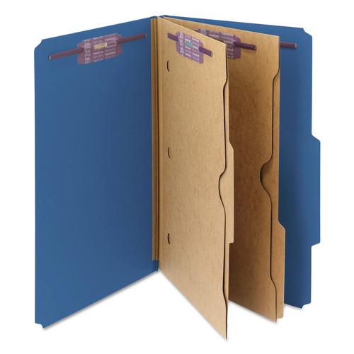 File Folders | Smead 19077 6 SafeSHIELD Fasteners 2 Dividers Legal Size 6-Section Pressboard Top Tab Pocket Classification Folders - Dark Blue (10/Box) image number 0