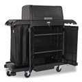 Cleaning Carts | Rubbermaid Commercial 2202587 24.4 in. x 62.4 in. x 56.9 in. 4-Shelf Housekeeping Cart with Hood and Doors - Black image number 1