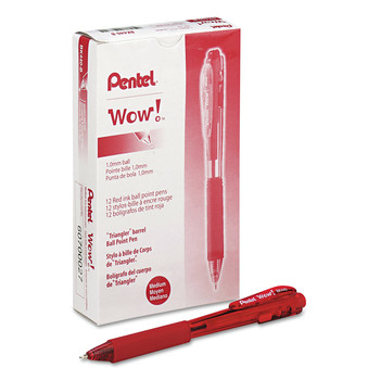 Pentel Medium 1 mm Retractable WOW! Ballpoint Pen - Red Ink, Translucent Red/Red Barrel (1-Dozen)