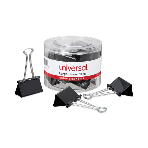 Universal UNV11112 Binder Clips in Dispenser Tub - Large, Black/Silver (12/Pack) image number 0