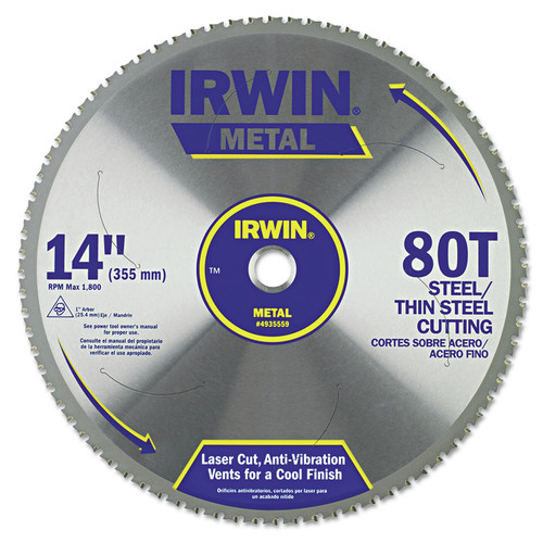 Circular Saw Accessories | Irwin 4935559 80T Metal Cutting Ferrous Steel Circular Saw Blade, 14 in. image number 0