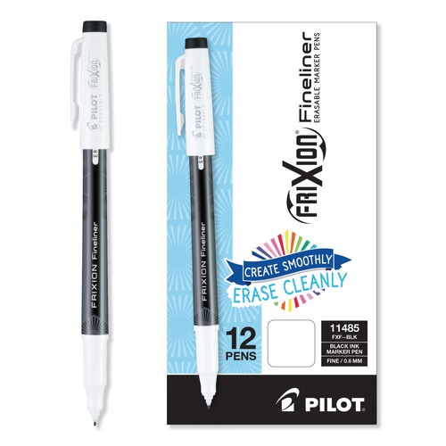  | Pilot PIL11485 0.6 mm Fine Stick Black/White Barrel FriXion Fineliner Erasable Porous Point Pen (1 Dozen) image number 0