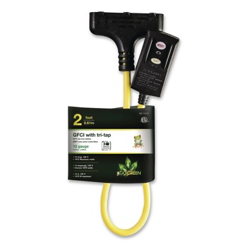 GoGreen Power Portable Tri-Tap with GFCI, 3 Outlets, 2 ft Cord, Yellow