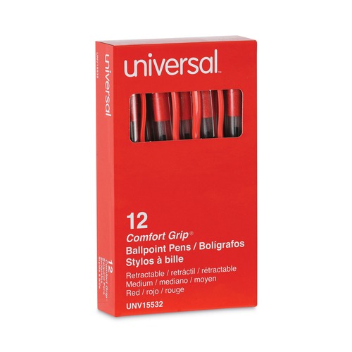 Office Jansan | Universal UNV15532 1 mm Comfort Grip Retractable Ballpoint Pen - Medium, Red (1 Dozen) image number 0