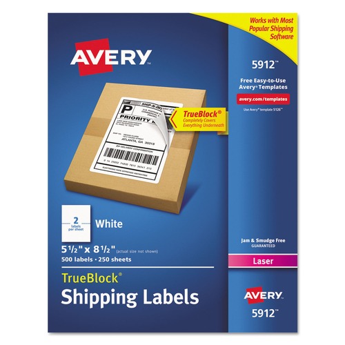  | Avery 05912 5.5 in. x 8.5 in. Shipping Labels with TrueBlock Technology - White (2/Sheet, 250 Sheets/Box) image number 0