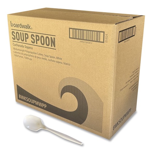 Food Service | Boardwalk BWKSOUPMWPP 4.86 in. Mediumweight Polypropylene Soup Spoon Cutlery - White (1000/Carton) image number 0