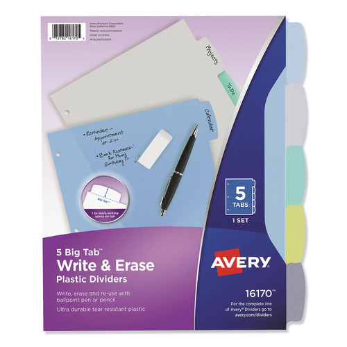 Office Jansan | Avery 16170 Write and Erase Big Tab 11 in. x 8.5 in. 5-Tab 3-Hole Punched Durable Plastic Dividers - Assorted (1-Set) image number 0