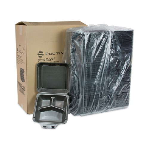 Pactiv Corp. YHLB09030000 SmartLock 9 in. x 9.5 in. x 3.25 in. Foam Hinged Lid 3-Compartment Container - Black (150/Carton)
