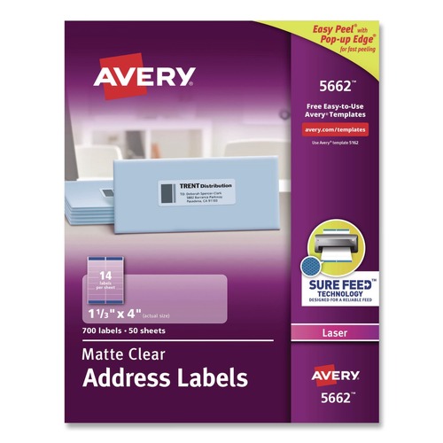 Office Jansan | Avery 05662 Easy Peel 1.33 in. x 4 in. Mailing Labels with Sure Feed - Matte Clear (14-Piece/Sheet, 50 Sheets/Box) image number 0