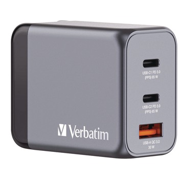 Verbatim 65 Watts 3-Port GaN Wall Charger - Black/Gray