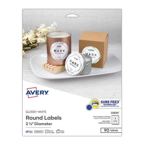 Office Jansan | Avery 22830 2.5 in. Diameter Print-to-the Edge Labels with SureFeed - Round Glossy White (90/Pack) image number 0