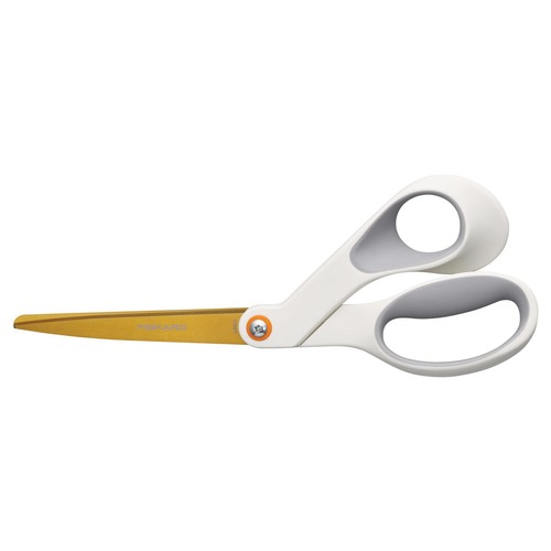 Office & Office Supplies | Fiskars 1069766 8 in. Long 4 in. Cut Length Offset SoftGrip Titanium Scissors - White Handle image number 0