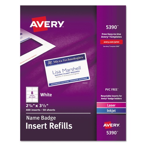 Office Jansan | Avery 05390 2-1/4 in. x 3-1/2 in. Horizontal/Vertical Name Badge Insert Refills - White (50/Box) image number 0
