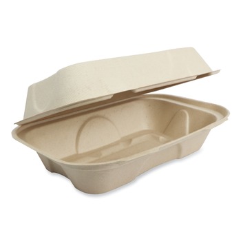 World Centric 9.2 in. x 6.4 in. x 3.1 in. Hoagie Box Paper Fiber Hinged Containers - Natural (500/Carton)
