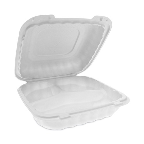 Food Trays, Containers, and Lids | Pactiv Corp. YCN808030000 EarthChoice SmartLock 8.31 in. x 8.35 in. x 3.1 in. Microwaveable MFPP 3-Compartment Hinged Lid Containers - White (200/Carton) image number 0