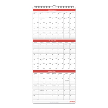Universal 12 in. x 27 in. 14-Month (Dec 2025-Jan 2027) Three-Month Wall Calendar - White/Red Sheets