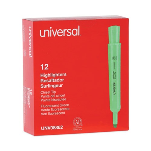 Office Jansan | Universal UNV08862 Chisel Tip Fluorescent Green Ink Green Barrel Desk Highlighters (1 Dozen) image number 0