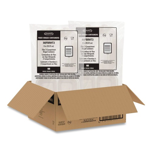 Food Trays, Containers, and Lids | Dart 80FBRHT3 8.65 in. x 7.94 in. x 2.98 in. 3-Compartment ProPlanet Seal Compostable Molded Fiber Hinged Trays - Natural (200/Carton) image number 0