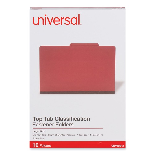  | Universal UNV10213 Bright Colored Pressboard Classification Folders - Legal, Ruby Red (10/Box) image number 0
