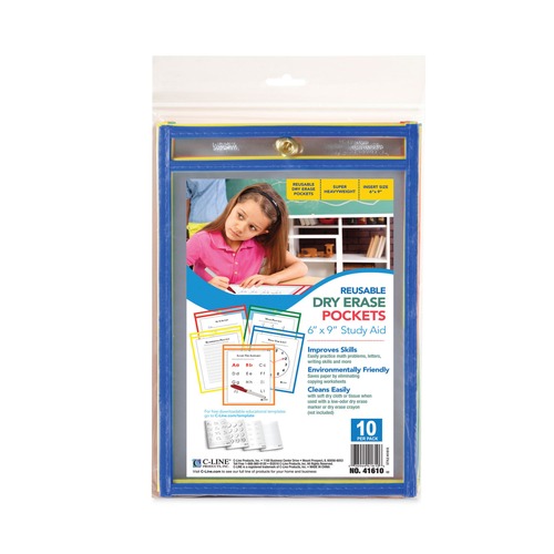  | C-Line 41610 6 in. x 9 in. Reusable Dry Erase Pockets - Assorted Primary Colors (10/Pack) image number 0