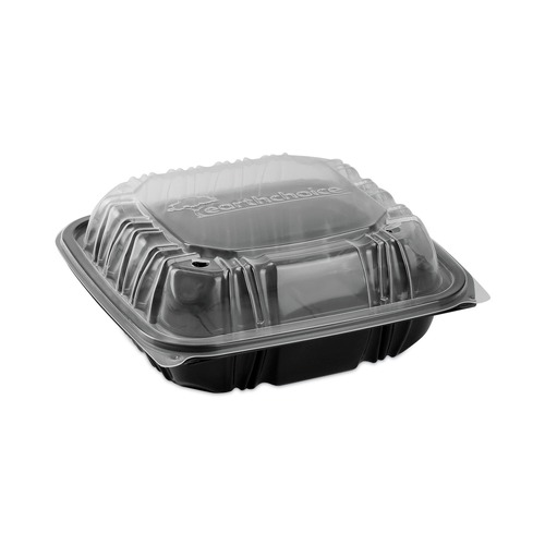 Food Service | Pactiv Corp. DC858310B000 21 oz 3-Compartment EarthChoice Vented Dual Color Microwavable Hinged Lid Container - Black/Clear (150/Carton) image number 0
