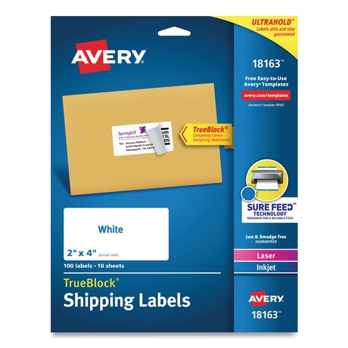Office Jansan | Avery 18163 2 in. x 4 in. Shipping Labels with TrueBlock Technology - White (100/Pack) image number 0