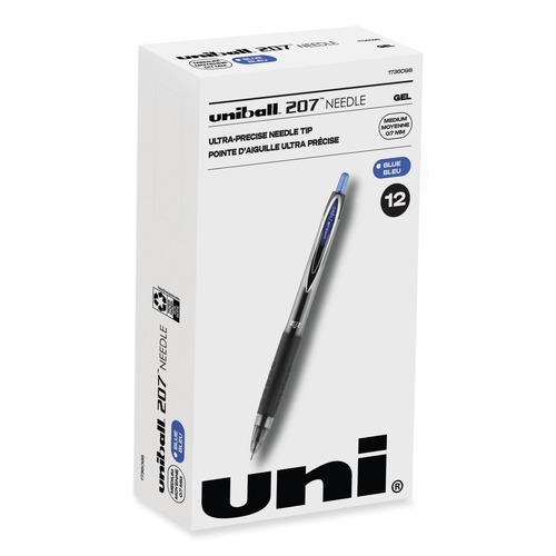 Pens | uni-ball 1736098 Signo 207 Medium 0.7 millimeter Retractable Needle Point Gel Pen - Blue Ink/Clear/Black/Blue Barrel (1-Dozen) image number 0