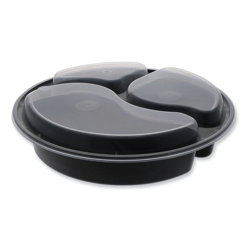 Labor Day Sale! Save $30 off $199! | Pactiv Corp. NC9388B Newspring VERSAtainer 3 Compartment 39 oz. 9 in. x 9 in. x 2.25 in. Round Plastic Microwavable Containers - Black/Clear image number 0