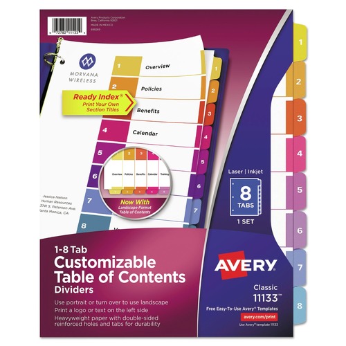 Office Jansan | Avery 11133 Ready Index 11 in. x 8.5 in. 8-Tab 1 to 8 Customizable TOC Multicolor Tab Dividers - White/Traditional Color Tabs (1-Set) image number 0