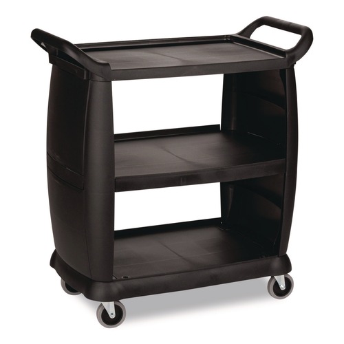 Utility Carts | Boardwalk CC203603 18 in. x 36.25 in. x 38 in. 300 lb Capacity Plastic Bussing Cart with 3 Shelves - Black image number 0