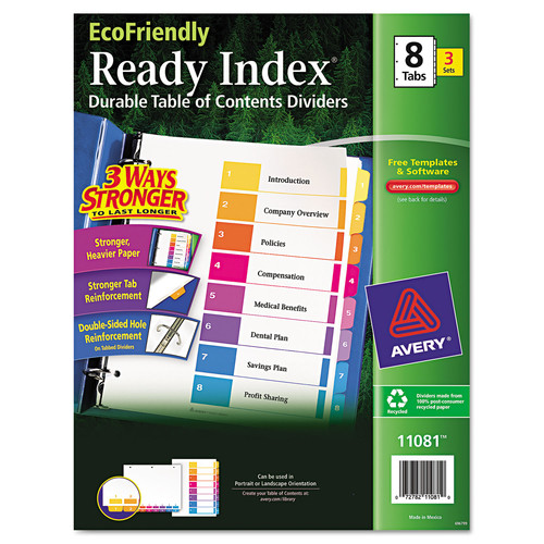Office Jansan | Avery 11081 Ready Index 11 in. x 8.5 in. 8-Tab 1 to 8 Customizable Table of Contents Dividers - Multicolor Tabs (3/Pack) image number 0