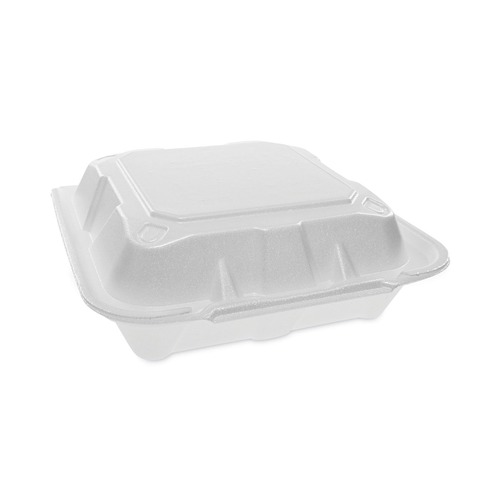Food Trays, Containers, and Lids | Pactiv Corp. YTD188010000 8.42 in. x 8.15 x 3 in. Foam Hinged Lid Containers Dual Tab Lock - White (150/Carton) image number 0