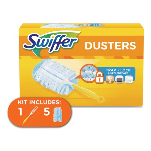 Dusters | Swiffer PGC11804KT Dust Lock Fiber 6 in. Handle Dusters Starter Kit - Blue/Yellow (1-Kit) image number 0