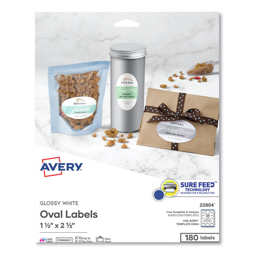 Office Jansan | Avery 22804 1.5 in. x 2.5 in. Oval Labels with Sure Feed and Easy Peel - Glossy White (180/Pack) image number 0