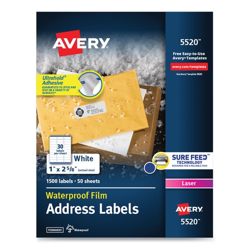 Office Jansan | Avery 05520 Waterproof 1 in. x 2.63 in. Address Labels for Laser Printers - White (30/Sheet, 50 Sheets/Pack) image number 0