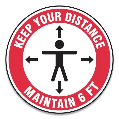 Floor Signs | GN1 MFS345ESP Slip-Gard 12 in. Circle Human/Arrows Social Distance Floor Signs - Red/White (25/Pack) image number 0