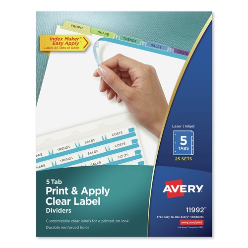 Mothers Day Sale! Save an Extra 10% off your order | Avery 11992 11 in. x 8.5 in. 5-Tab Print and Apply Contemporary Color Tabs Index Maker Clear Label Dividers - White (25/Box) image number 0