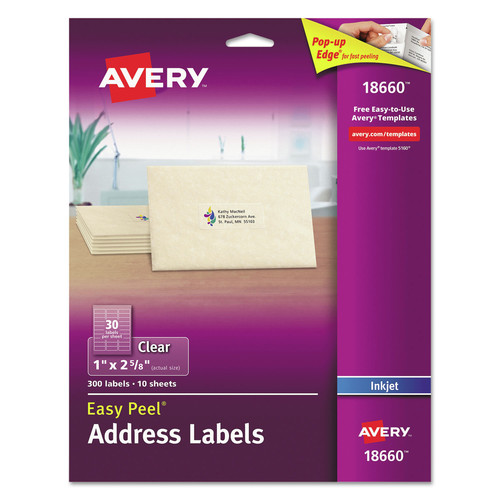 Office Jansan | Avery 18660 1 in. x 2.63 in. Matte Clear Easy Peel Mailing Labels with Sure Feed Technology - Clear (300/Pack) image number 0