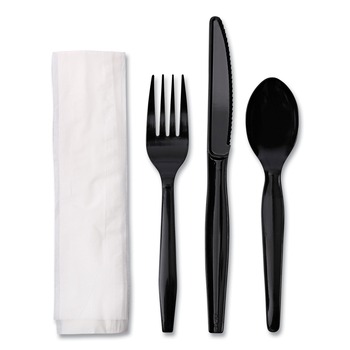 Boardwalk Mediumweight Fork/Knife/Napkin/Spoon 4-Piece Plastic Cutlery Kit - Black (250/Carton)