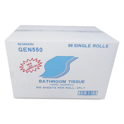 GEN GEN550 2-Ply Septic Safe Bath Tissues - White (500 Sheets/Roll, 96 Rolls/Carton) image number 0
