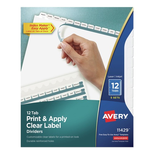 Office Jansan | Avery 11429 Index Maker 11 in. x 8.5 in. 12-Tab Print and Apply Clear Label Dividers - White/White Tabs (5/Pack) image number 0