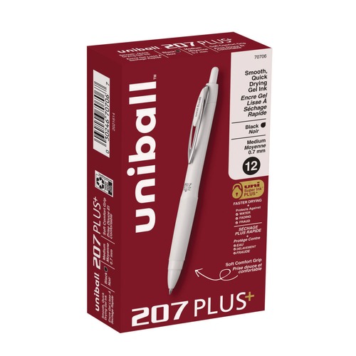 Pens | uni-ball 70706 Medium 0.7 mm 207 Plusplus Retractable Gel Pen - Black Ink, White Barrel (1-Dozen) image number 0