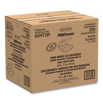 Dart 8.38 in. x 7.78 in. x 3.25 in. 3-Compartment Foam Hinged Lid Containers (200/Carton)
