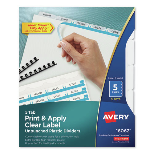  | Avery 16062 Print And Apply Index Maker Clear Label Unpunched Dividers With Printable Label Strip, 5-Tab, 11 X 8.5, Clear, 5 Sets image number 0