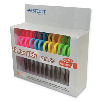 Westcott 5 in. Kids' Scissors with Pointed Tip, 2 in. Cut Length, and Antimicrobial Protection - Assorted (12/Pack)