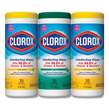 Clorox 7 in. x 8 in. 1-Ply Disinfecting Wipes - Fresh Scent/Citrus Blend, White (35/Canister, 3 Canisters/Pack)