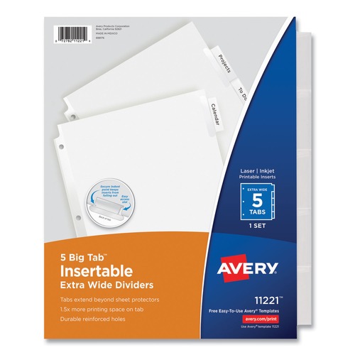 Office Jansan | Avery 11221 Big Tab 11.13 in. x 9.25 in. 5-Tab Single-Sided Copper Edge Reinforcing Insertable Dividers - Clear Tabs/White (1-Set) image number 0