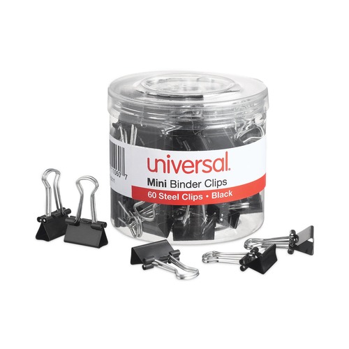Universal UNV11060 Mini Binder Clips in Dispenser Tub - Black/Silver (60/Pack) image number 0